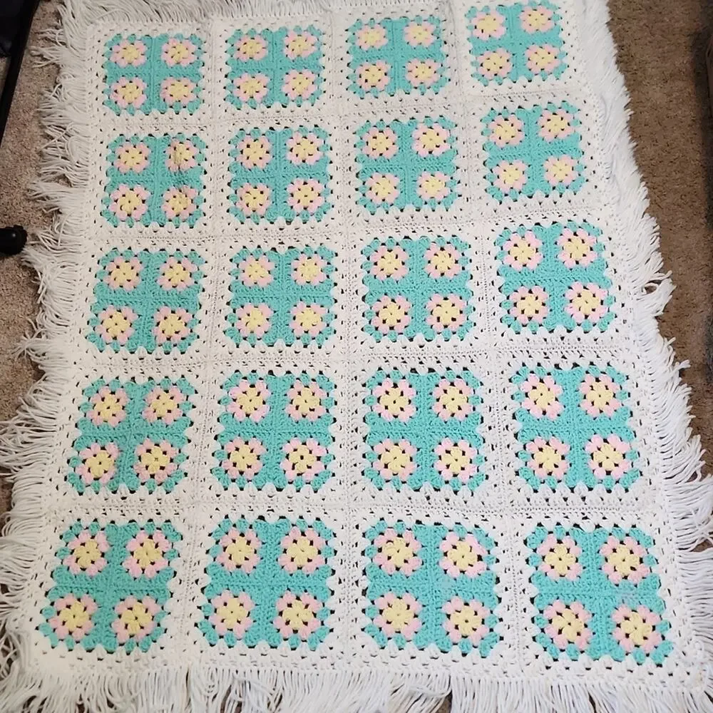 Gender Neutral Handmade Crocheted Baby Blanket Multi-Colored‎ Fringe 57x44 Crib